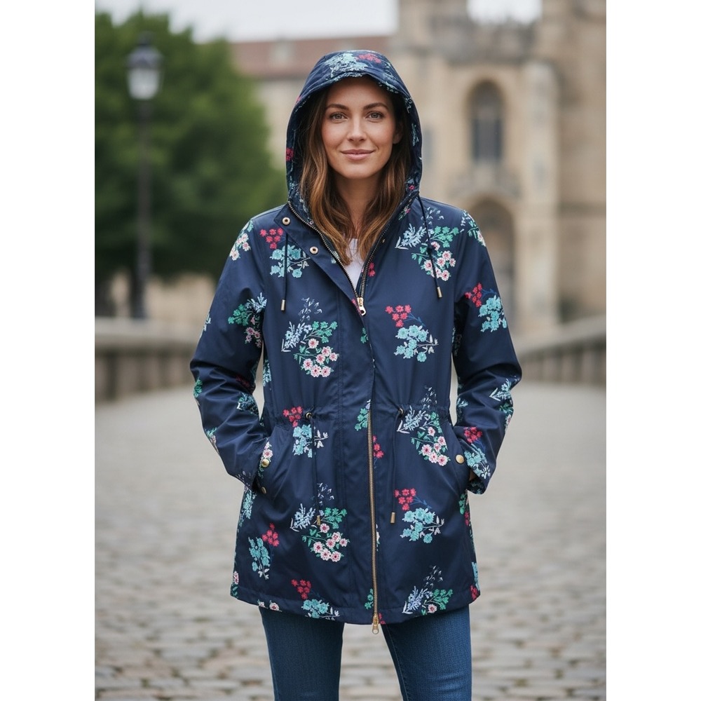 Draper‎ James Women Size 0 Navy Floral Hooded Raincoat Jacket Full Zip Preppy